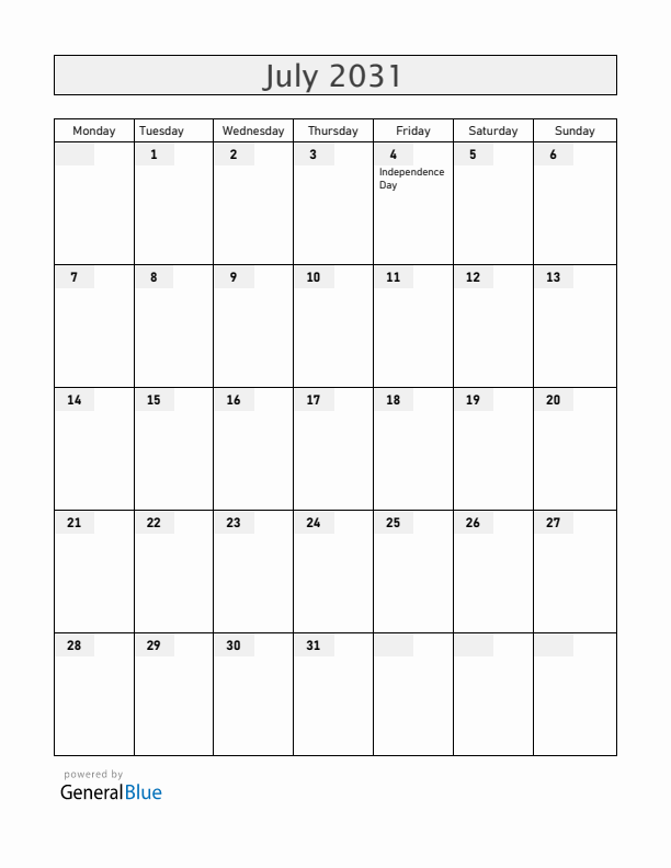 United States July 2031 Calendar with Holidays