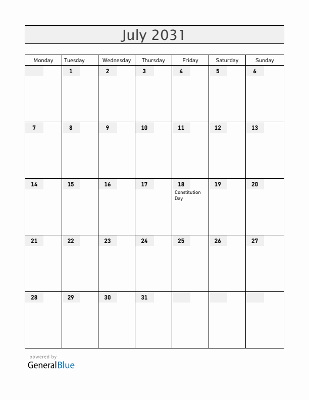 Uruguay July 2031 Calendar with Holidays