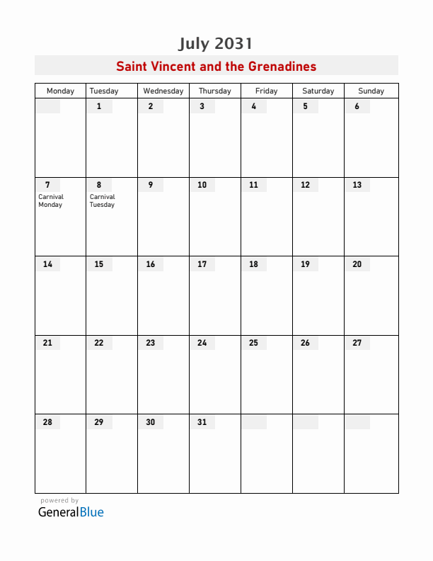 Saint Vincent and the Grenadines July 2031 Calendar with Holidays