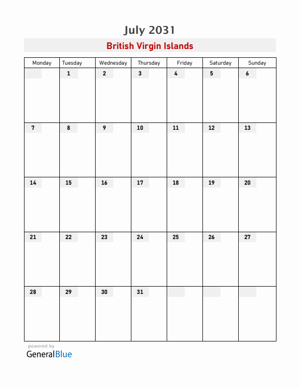 British Virgin Islands July 2031 Calendar with Holidays