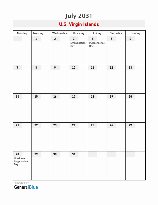U.S. Virgin Islands July 2031 Calendar with Holidays