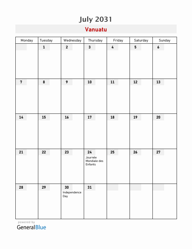 Vanuatu July 2031 Calendar with Holidays