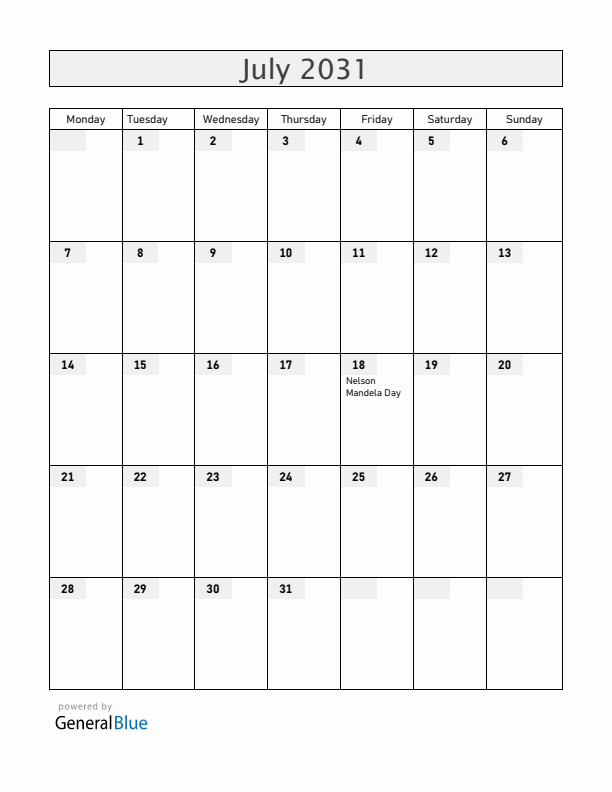 South Africa July 2031 Calendar with Holidays