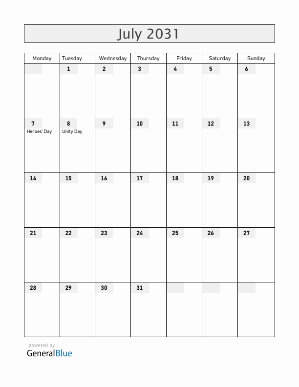 Zambia July 2031 Calendar with Holidays