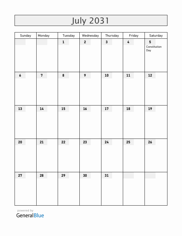 Armenia July 2031 Calendar with Holidays