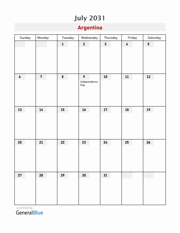 Argentina July 2031 Calendar with Holidays