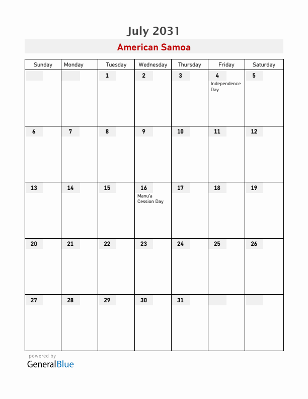 American Samoa July 2031 Calendar with Holidays
