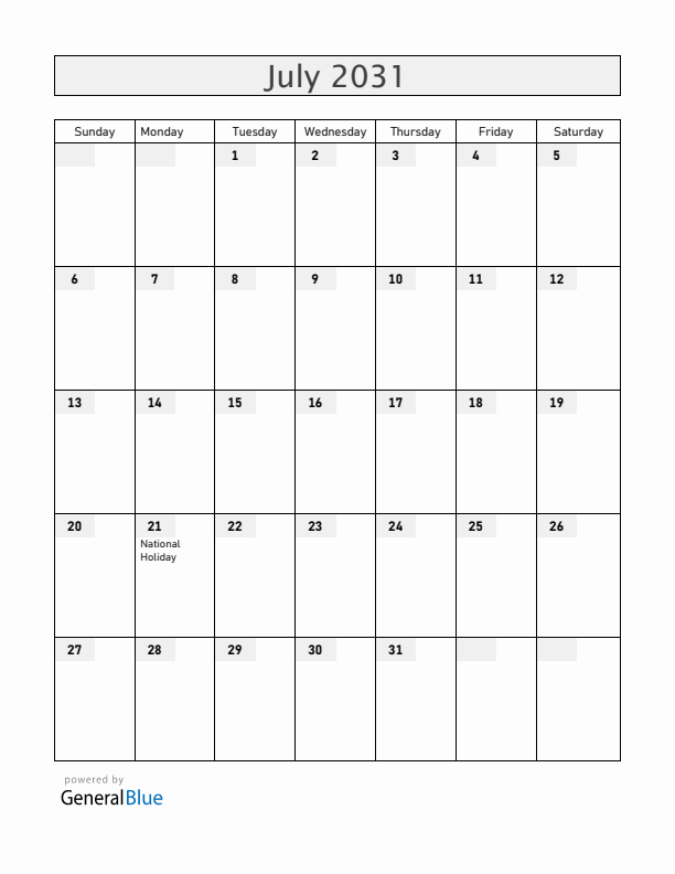 Belgium July 2031 Calendar with Holidays