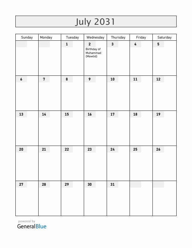 Burkina Faso July 2031 Calendar with Holidays