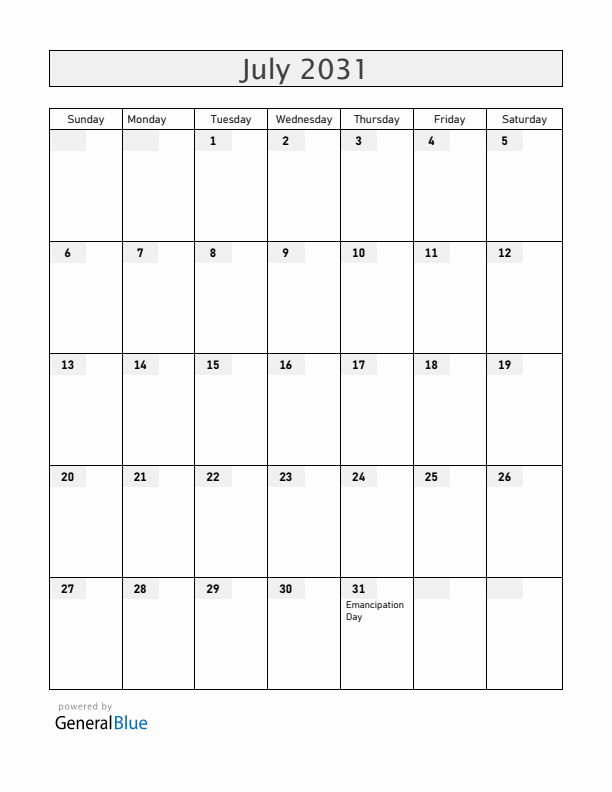 Bermuda July 2031 Calendar with Holidays