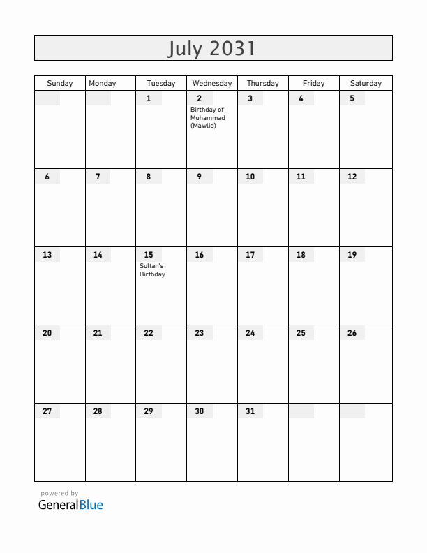 Brunei July 2031 Calendar with Holidays