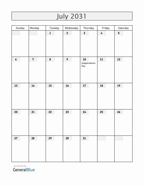 Bahamas July 2031 Calendar with Holidays