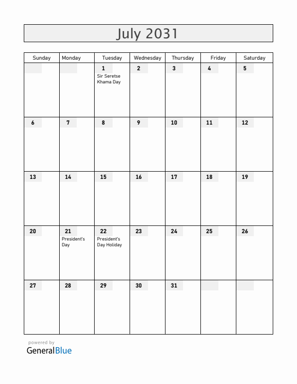 Botswana July 2031 Calendar with Holidays