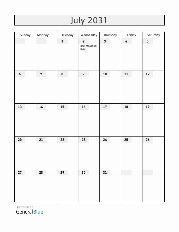 Cocos Islands July 2031 Calendar with Holidays