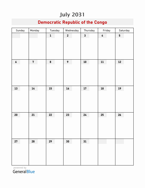 Democratic Republic of the Congo July 2031 Calendar with Holidays
