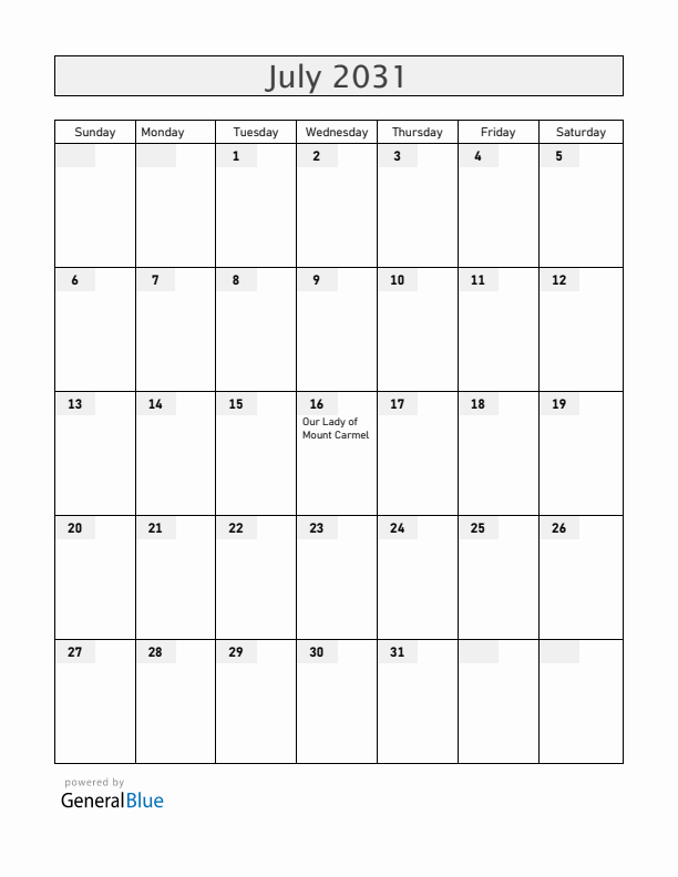 Chile July 2031 Calendar with Holidays