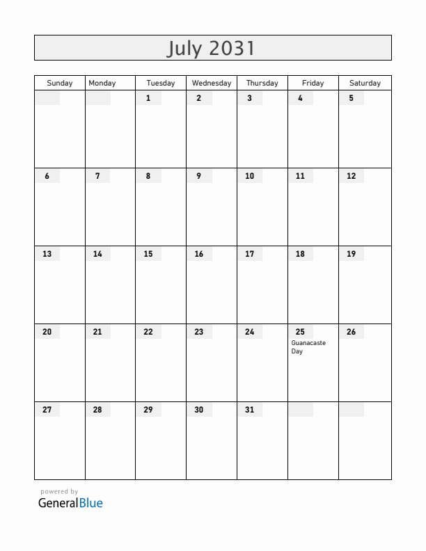 Costa Rica July 2031 Calendar with Holidays