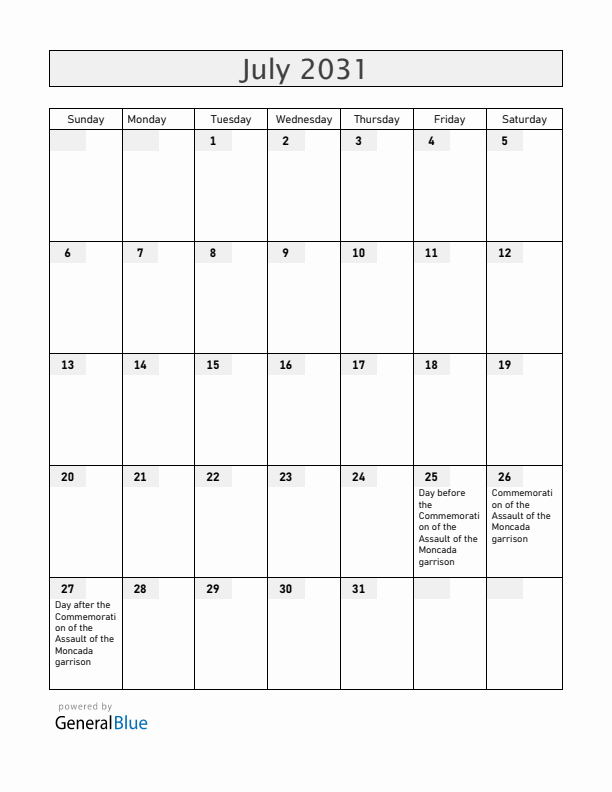 Cuba July 2031 Calendar with Holidays