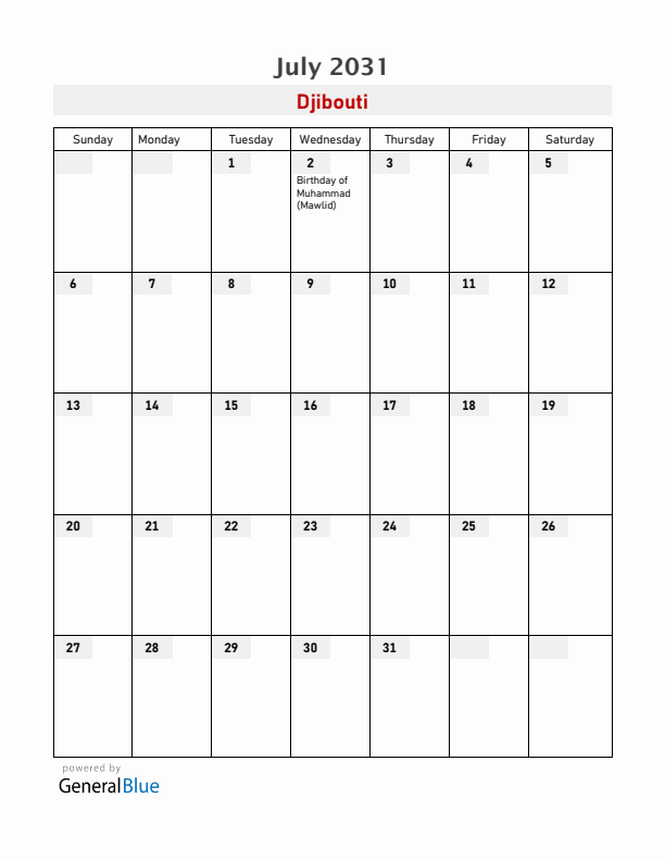 Djibouti July 2031 Calendar with Holidays
