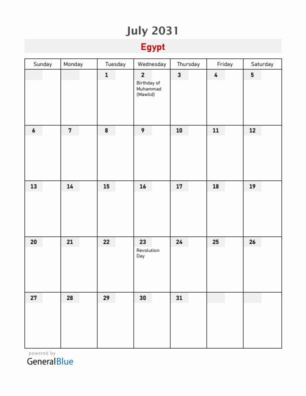 Egypt July 2031 Calendar with Holidays