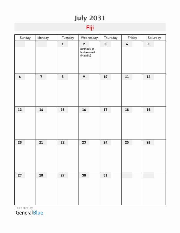 Fiji July 2031 Calendar with Holidays