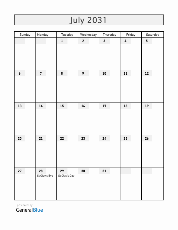 Faroe Islands July 2031 Calendar with Holidays