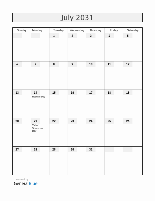 Guadeloupe July 2031 Calendar with Holidays