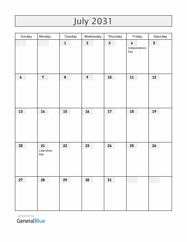 Guam July 2031 Calendar with Holidays