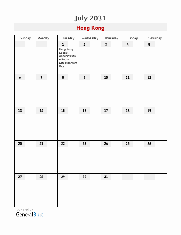 Hong Kong July 2031 Calendar with Holidays