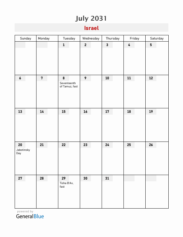 Israel July 2031 Calendar with Holidays