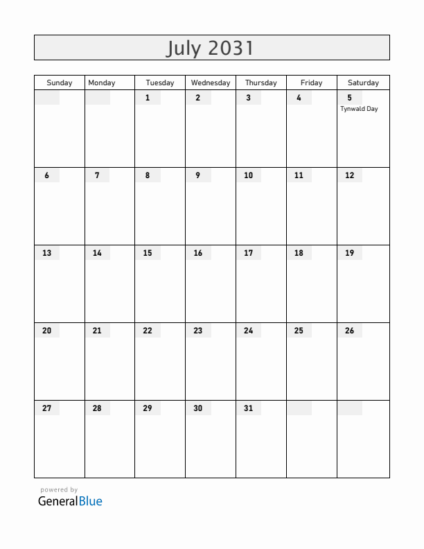 Isle of Man July 2031 Calendar with Holidays