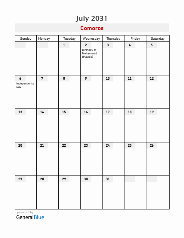 Comoros July 2031 Calendar with Holidays