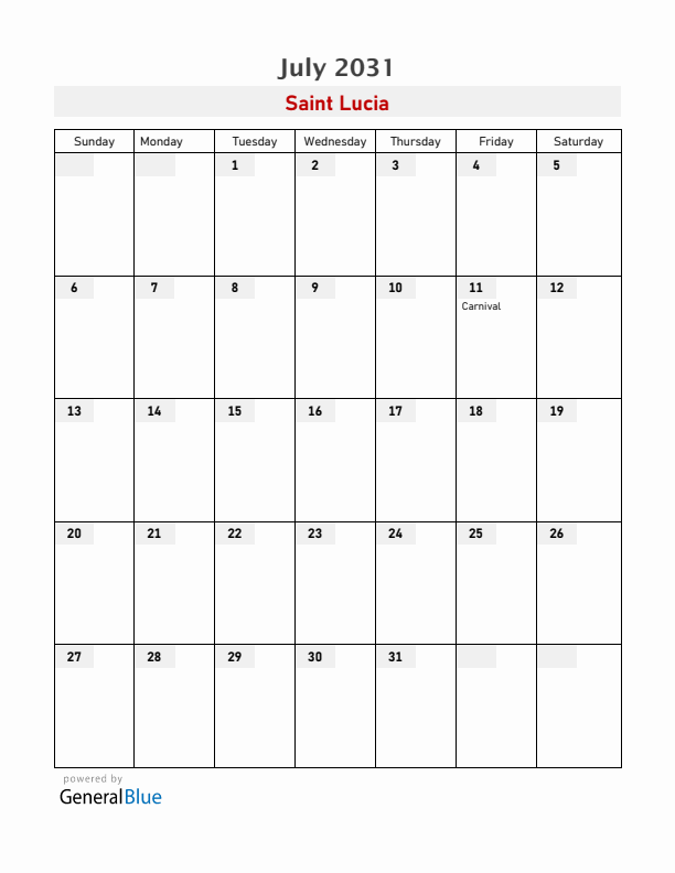 Saint Lucia July 2031 Calendar with Holidays