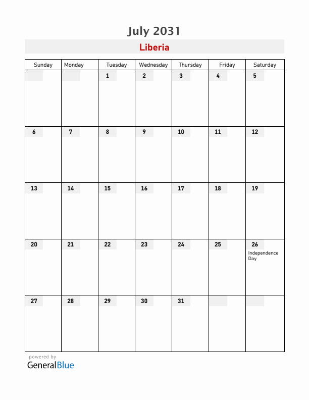 Liberia July 2031 Calendar with Holidays