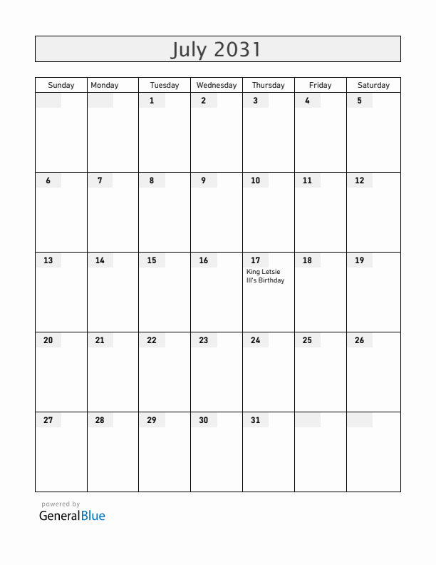 Lesotho July 2031 Calendar with Holidays
