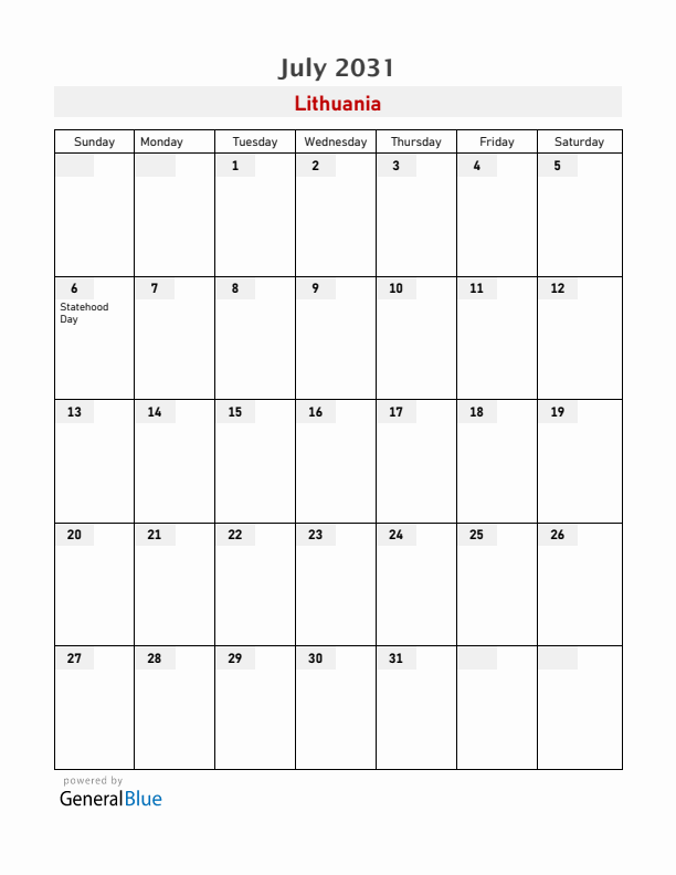 Lithuania July 2031 Calendar with Holidays