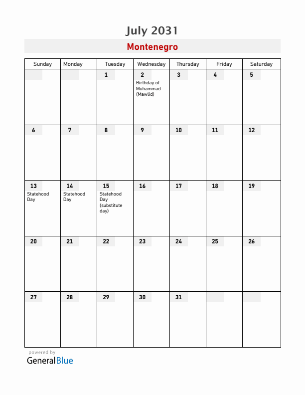 Montenegro July 2031 Calendar with Holidays