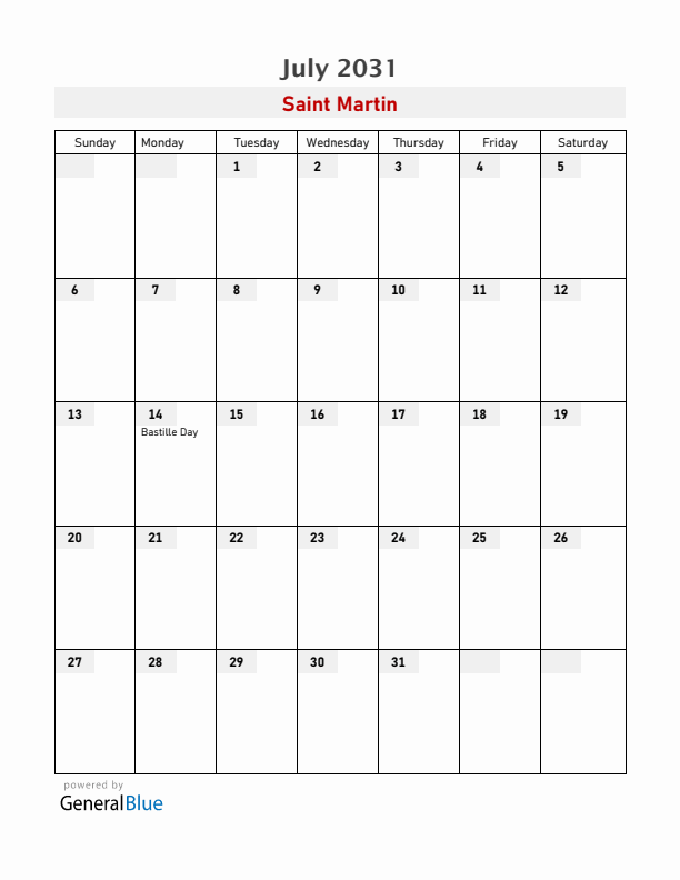 Saint Martin July 2031 Calendar with Holidays