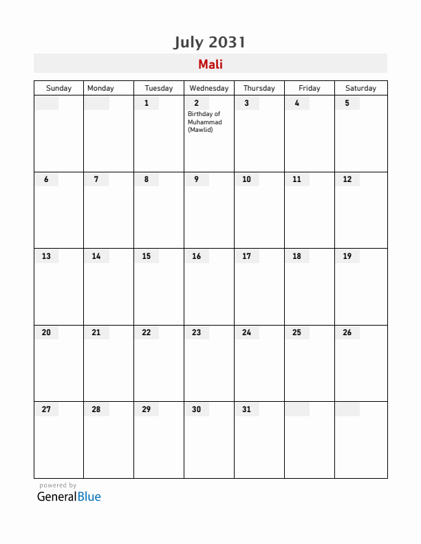 Mali July 2031 Calendar with Holidays
