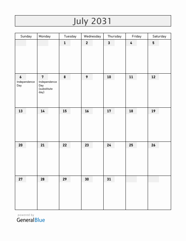 Malawi July 2031 Calendar with Holidays