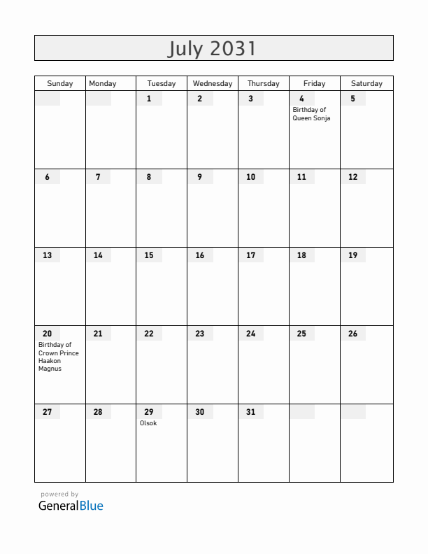 Norway July 2031 Calendar with Holidays