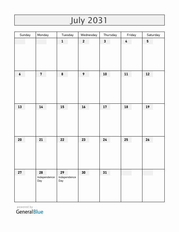 Peru July 2031 Calendar with Holidays