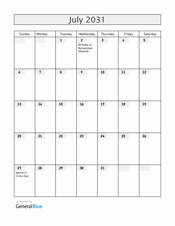 Philippines July 2031 Calendar with Holidays