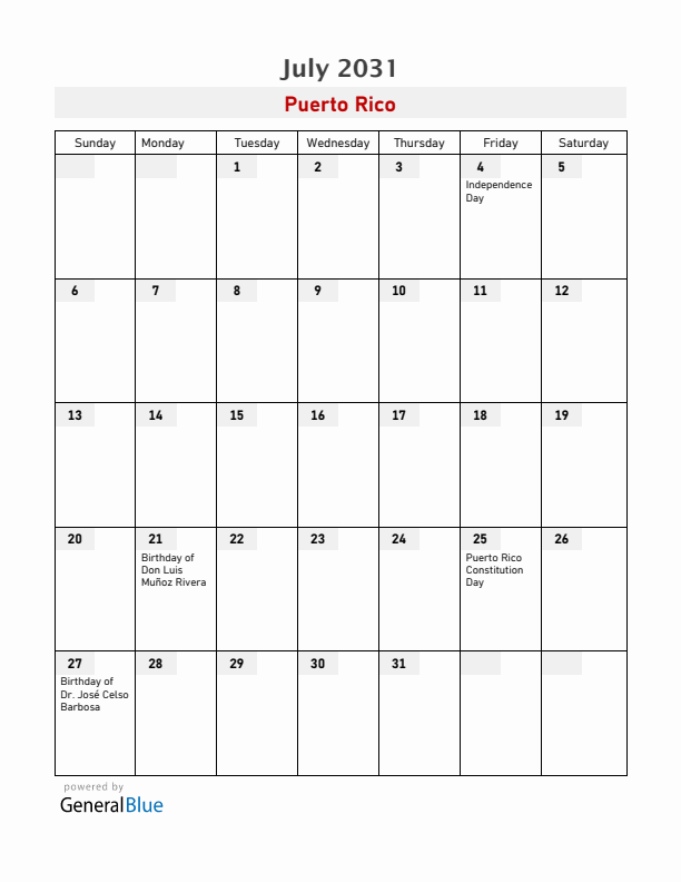 Puerto Rico July 2031 Calendar with Holidays