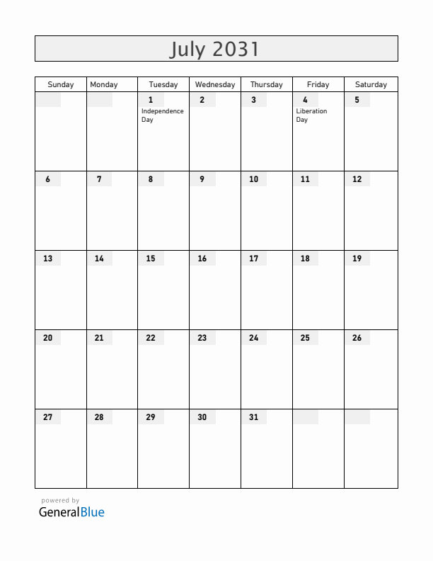 Rwanda July 2031 Calendar with Holidays