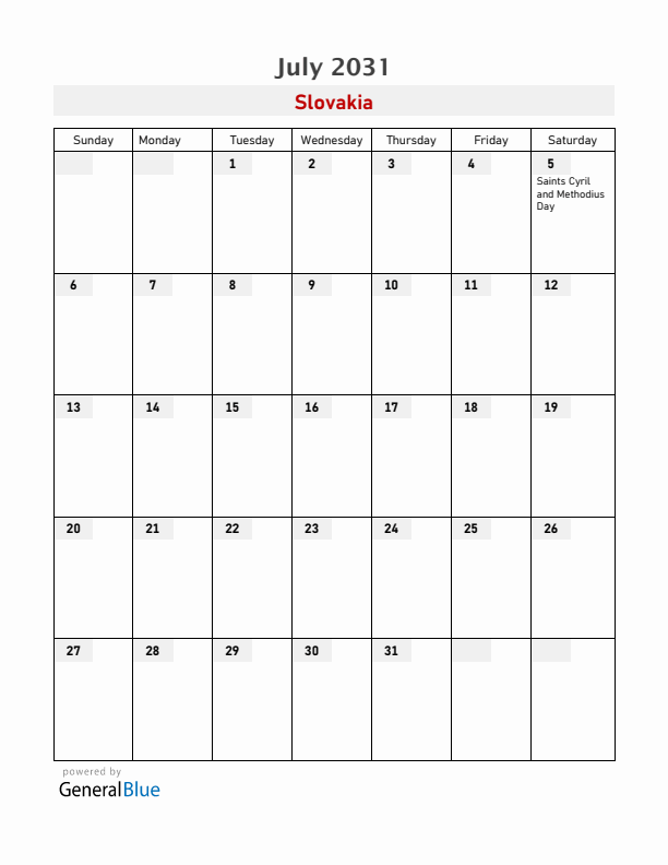 Slovakia July 2031 Calendar with Holidays