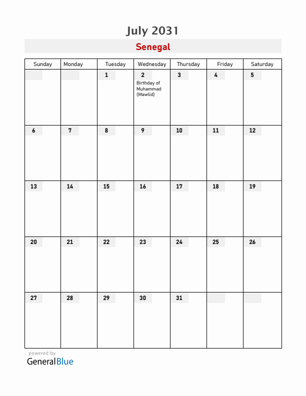 Senegal July 2031 Calendar with Holidays