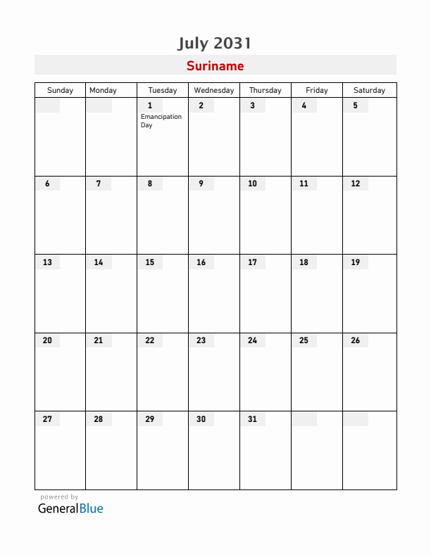 Suriname July 2031 Calendar with Holidays