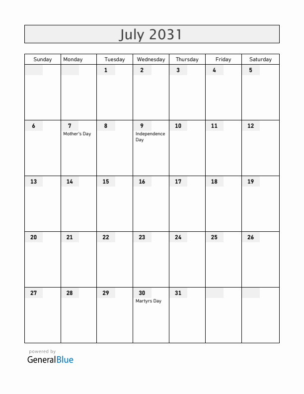 South Sudan July 2031 Calendar with Holidays