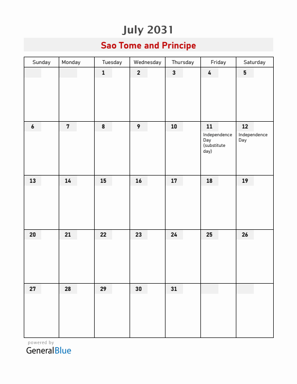 Sao Tome and Principe July 2031 Calendar with Holidays